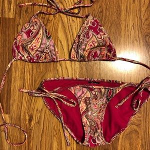 Paisley pink, orange, & yellow swim suit.